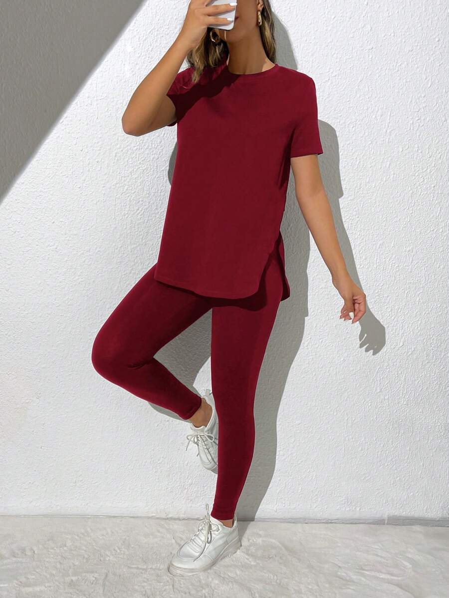 SHEIN Essnce Solid Split Hem Tee & Leggings - Burgundy - View 1