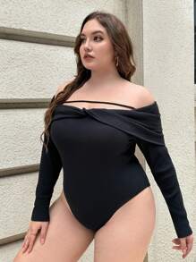 SHEIN Essnce Plus Off Shoulder Twist Front Bodysuit - Black - View 4