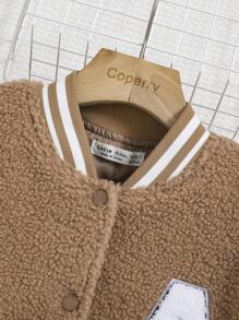 SHEIN Teen Girl Letter Patched Striped Trim Drop Shoulder Teddy Varsity Jacket - Camel - View 3