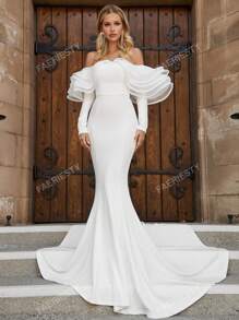 Faeriesty Off Shoulder Ruffle Trim Floor Length Wedding Dress White Elegant Long Sleeve Bridal Dress,Bride