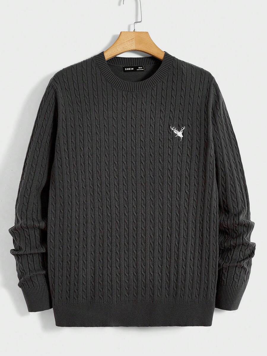 GENTILAND Men Deer Embroidery Cable Knit Sweater - Dark Grey - View 1