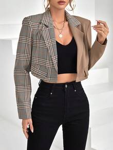 SHEIN Essnce 格紋印花西裝領短版西裝 - 彩色 - 查看 6