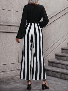 SHEIN VCAY Striped Print Surplice Neck Belted Wide Leg Jumpsuit - Black - View 2