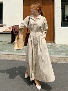 DAZY Vestido camisero unicolor con botón delantero - Caqui - Ver 8