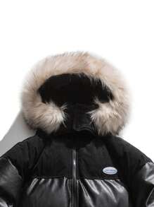 Men Letter Patched Fuzzy Trim Hooded Padded Coat - Black - View 4