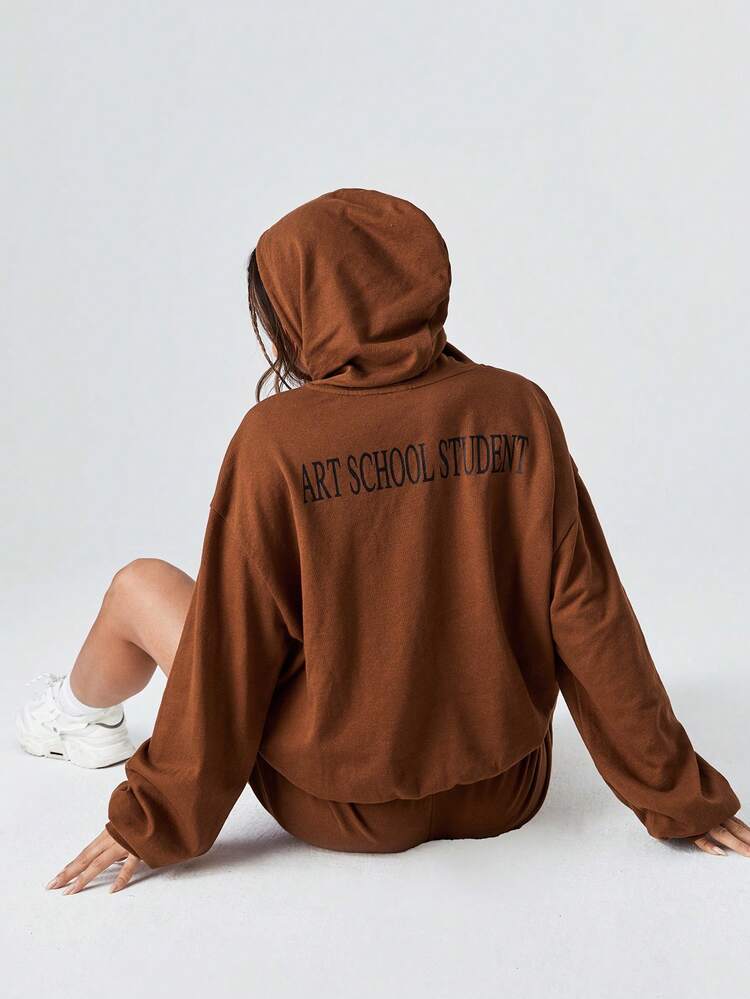 Cartoon Graphic Drop Shoulder Drawstring Hoodie & Shorts