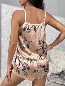 印花緞面吊帶背心和短褲睡衣套裝 - 香檳色 - 查看 2