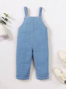 SHEIN Playful Pals Baby Girl Heart Embroidery Flap Pocket Denim Overall - Light Wash - View 2