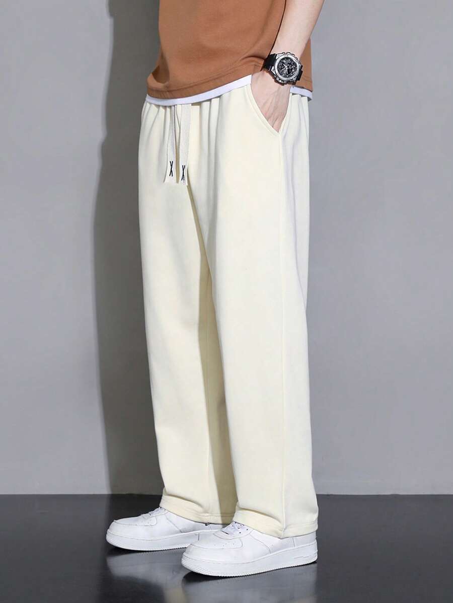 Men Drawstring Waist Slant Pocket Sweatpants - Beige - View 1