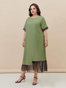 Mulvari Plus Contrast Mesh Hem Dress - Army Green - View 4