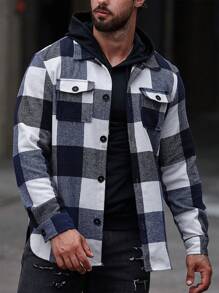 Manfinity Homme 男士格子圖案翻蓋口袋夾克 - 藍白色 - 查看 1