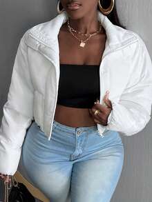 Slaydiva Solid Zip Up Crop Padded Coat - White - View 3