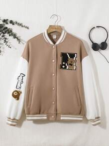 SHEIN Thiếu niên cô gái Bản vá Gấu Sọc trang trí Thả vai Áo khoác Đại học Không có áo Top Tube - Màu Khaki - Xem 5