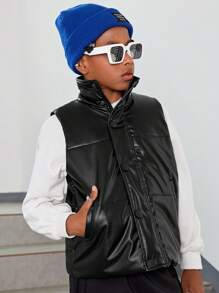 SHEIN Tween Boy Zip Up PU Leather Vest Padded Coat - Black - View 6