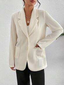 SHEIN Essnce Lapel Neck Pocket Patched Single Button Blazer - Beige - View 3