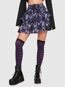 Sonchs Curiosities Goth Bat Print Lace Up Front Ruffle Hem Skirt - Multicolor - View 1
