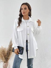 SHEIN LUNE Drop Shoulder Flap Detail Button Front Coat - White - View 2