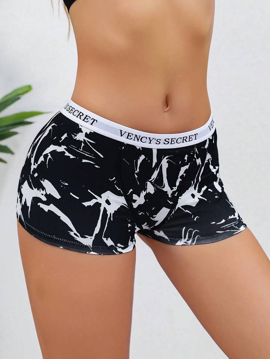 Letter Tape Waist Boyshorts Sports - Black and White - View 1