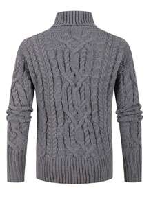 Áo len dệt kim tay dài mùa đông rộng rãi họa tiết xoắn cổ cao cho nam - Xám - Xem 3