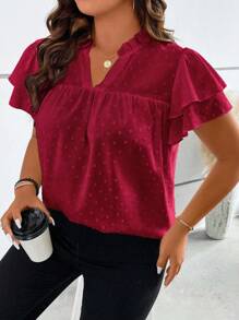 SHEIN LUNE 大碼圓點蝴蝶袖襯衫 - 酒紅色 - 查看 4