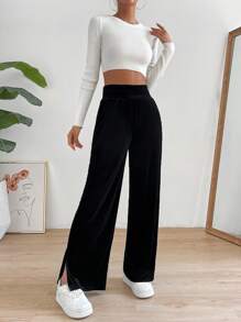 SHEIN Essnce Pantalones rectos divididos con cintura alta elástica unicolor casuales para mujeres