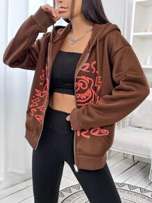 SHEIN EZwear 圖案印花拉鏈開襟抽繩加絨內裏連帽衫 - 棕色 - 查看 6