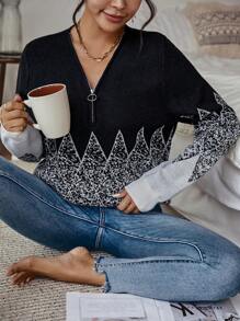 SHEIN Clasi Mẫu Geo Một nửa khóa kéo Áo len - Nhiều màu - Xem 7