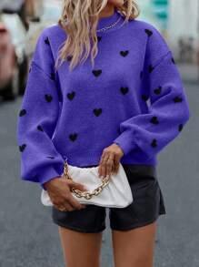 SHEIN Clasi Heart Pattern Mock Neck Drop Shoulder Sweater - Purple - View 4