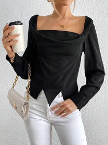 SHEIN Essnce Square Neck Asymmetrical Hem Blouse - Black - View 1
