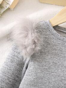 SHEIN Young Girl Fuzzy Trim Tee - Grey - View 3