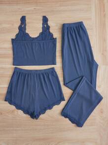 SHEIN Lace Trim Cami Top & Shorts & Pants PJ Set / Pajama Set - Blue - View 4