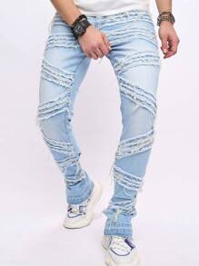 Manfinity Roghcode 男士毛邊緣輕度水洗藍牛仔褲 - 淺色水洗藍 - 查看 3