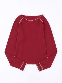 Contrast Stitch Raglan Sleeve Tee - Burgundy - View 5