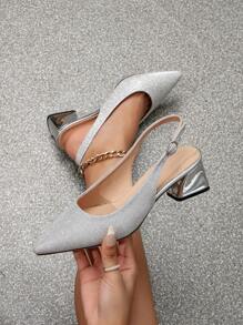 Zapatos de tacón de aguja de mujeres nuevo plata color cerrado de punta tacón grueso con tobillo tirantes - Plateado - Ver 3