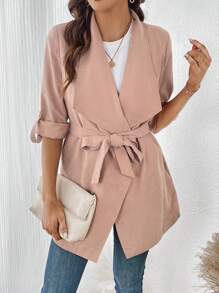 SHEIN LUNE 大翻領捲邊袖腰帶外套 - 淺粉色 - 查看 1