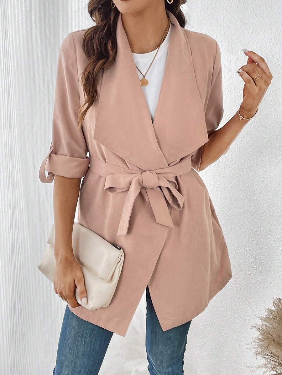 SHEIN LUNE 大翻領捲邊袖腰帶外套 - 淺粉色 - 查看 1