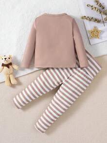 Baby Boy Cartoon Graphic Tee & Striped Pants Snug Fit PJ Set - Brown - View 2