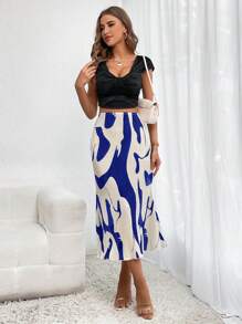 Firerie 圖案印花高腰魚尾短裙 - 藍白色 - 查看 6