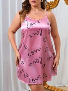 Cộng với Váy ngủ bằng vải satin Cami Pajama hình trái tim và chữ cái - Bụi hồng - Xem 5