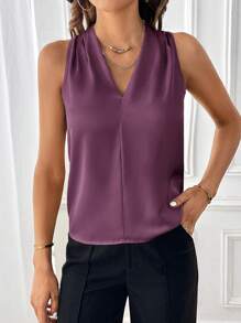 SHEIN Privé Solid V Neck Sleeveless Blouse - Purple - View 5