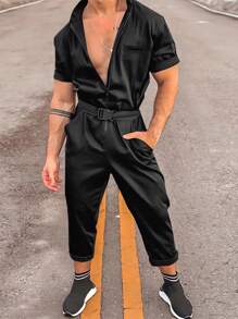 Manfinity Fever City 男士寬鬆純色連身褲，斜口袋和腰帶 - 黑色 - 查看 1