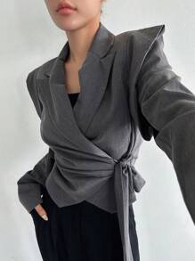 DAZY Business Casual Style Solid Color Wide Strap Wrap Blazer - Grey - View 5