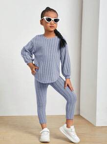 SHEIN Young Girl Drop Shoulder Ribbed Knit Tee & Leggings
