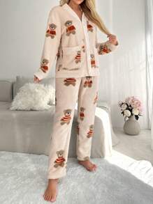 熊图案落肩法兰绒睡衣套装 / 睡衣套装 - 米色 - 查看 4