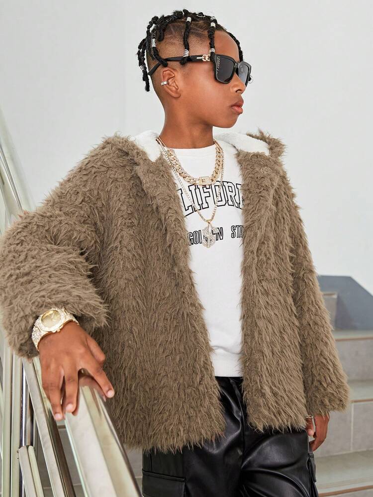 Tween Boy Open Front Hooded Fuzzy Coat