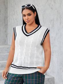 SHEIN EZwear Plus Striped Trim Cable Knit Sweater Vest