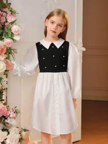 SHEIN Tween Girl Pearls Beaded Two Tone Lantern Sleeve 2 In 1 Dress - Black and White - View 2