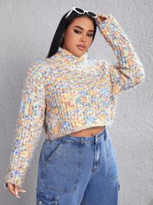 SHEIN EZwear Plus Space Dye High Neck Drop Shoulder Crop Sweater - Multicolor - View 2