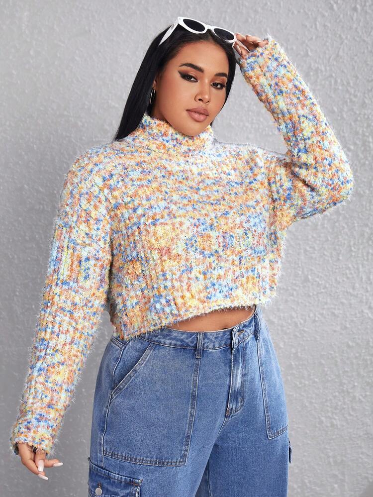 Plus Space Dye High Neck Drop Shoulder Crop Sweater