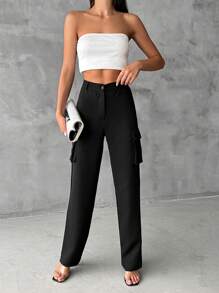 EURMUSE Flap Pocket Side Cargo Pants - Black - View 3